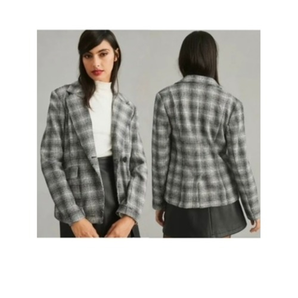 Maeve Anthropologie Black White Plaid Single Button Knit Blazer Jacket Women XXS